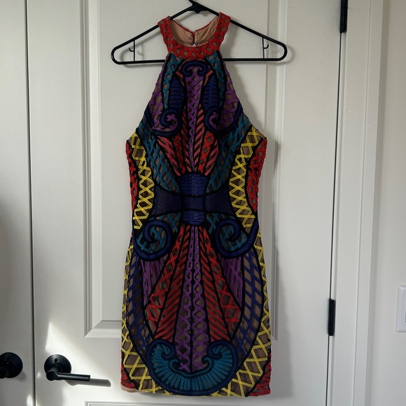 JOVANI sz 8 Vibrant Lace Geometric Overlay Illusion Mini Halter neck Dress - Picture 6 of 7